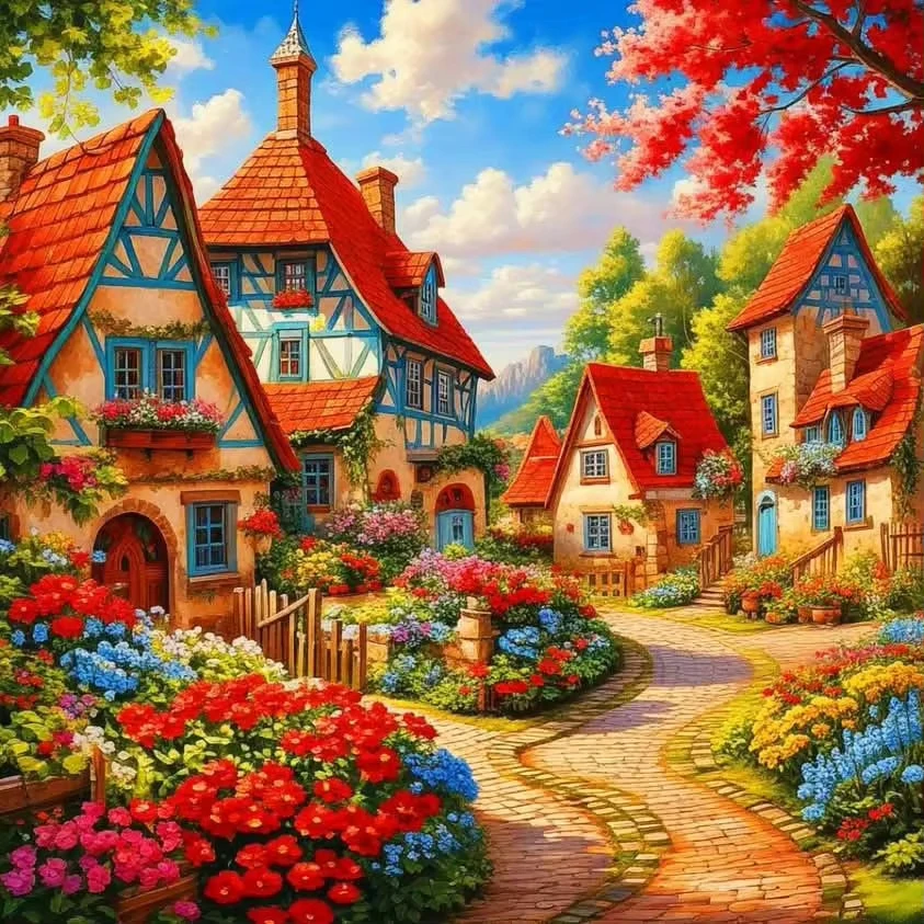 Landscape Street Flower House 500PCS/1024 PCS Jigsaw Puzzles Challenging Family Activity Game for Gameroom Bedroom Home Decor