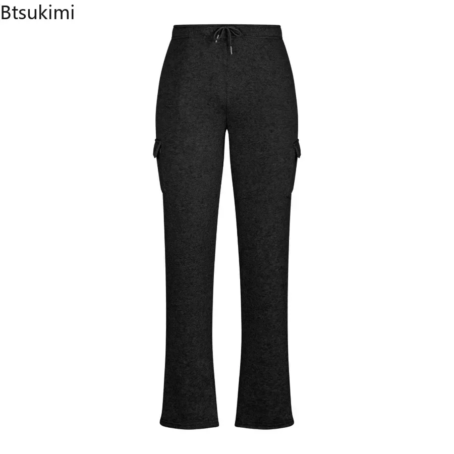 2025 Men's Fleece Thick Casual Trousers Autumn Winter Warm Drawstring Sweatpants Multi Pockets Loose Straight Joggers Pants Male