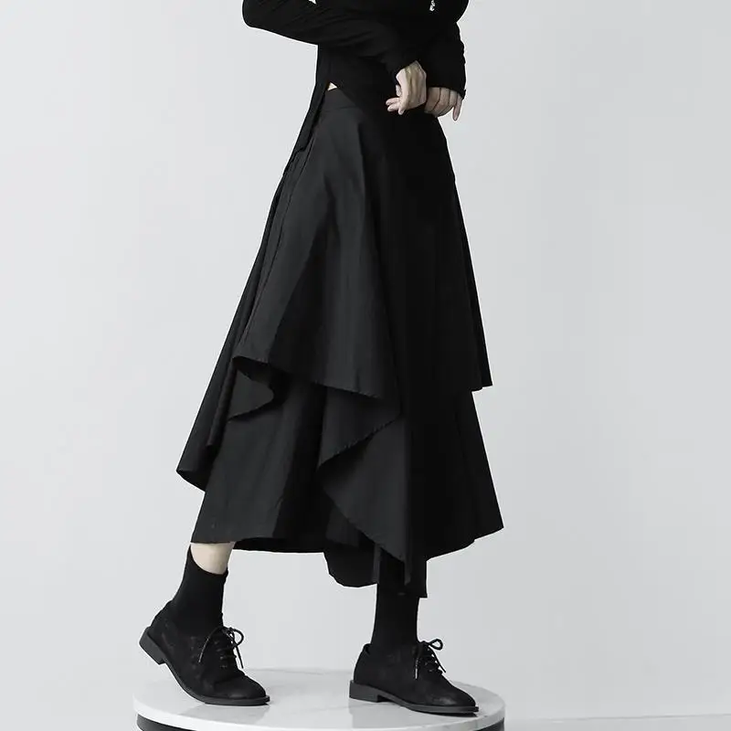 Black Irregular Skirt Pants Spring Summer Elastic Waist Solid Loose All-match Wide Leg Pants Street Casual Fashion Women Clothes