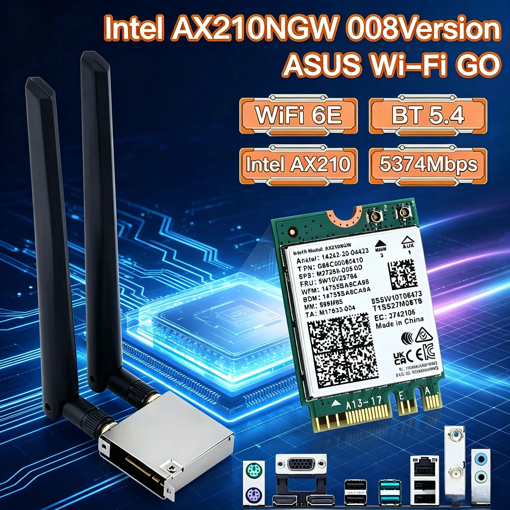 AX210NGW WiFi 6E Tri Band 5374Gbps Bluetooth 5.4 M.2 Adapter For ASUS B550 X570 Desktop PC Gaming Low Latency Win10/11-64Bit