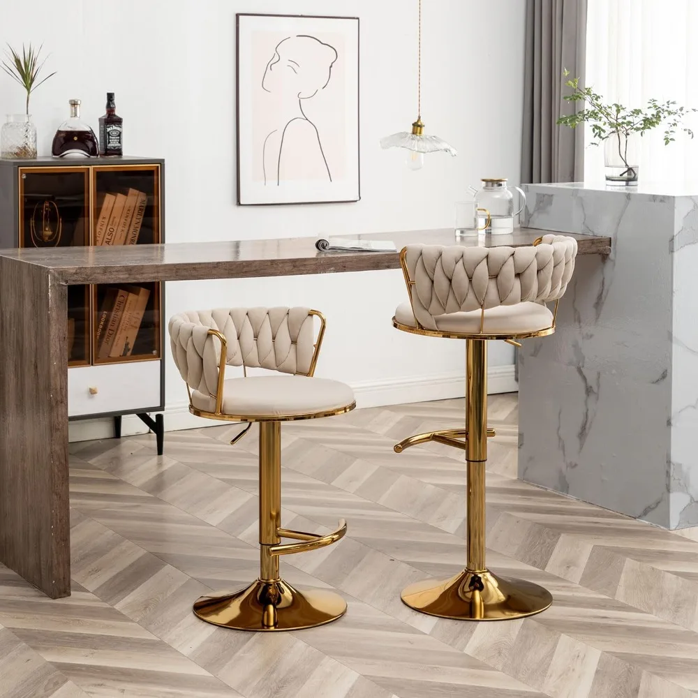 Gold Velvet Bar Stools Set of 4, Counter Height Bar Stools with Low Back, Swivel Bar Stool for Kitchen Island, Bar Pub (Beige)