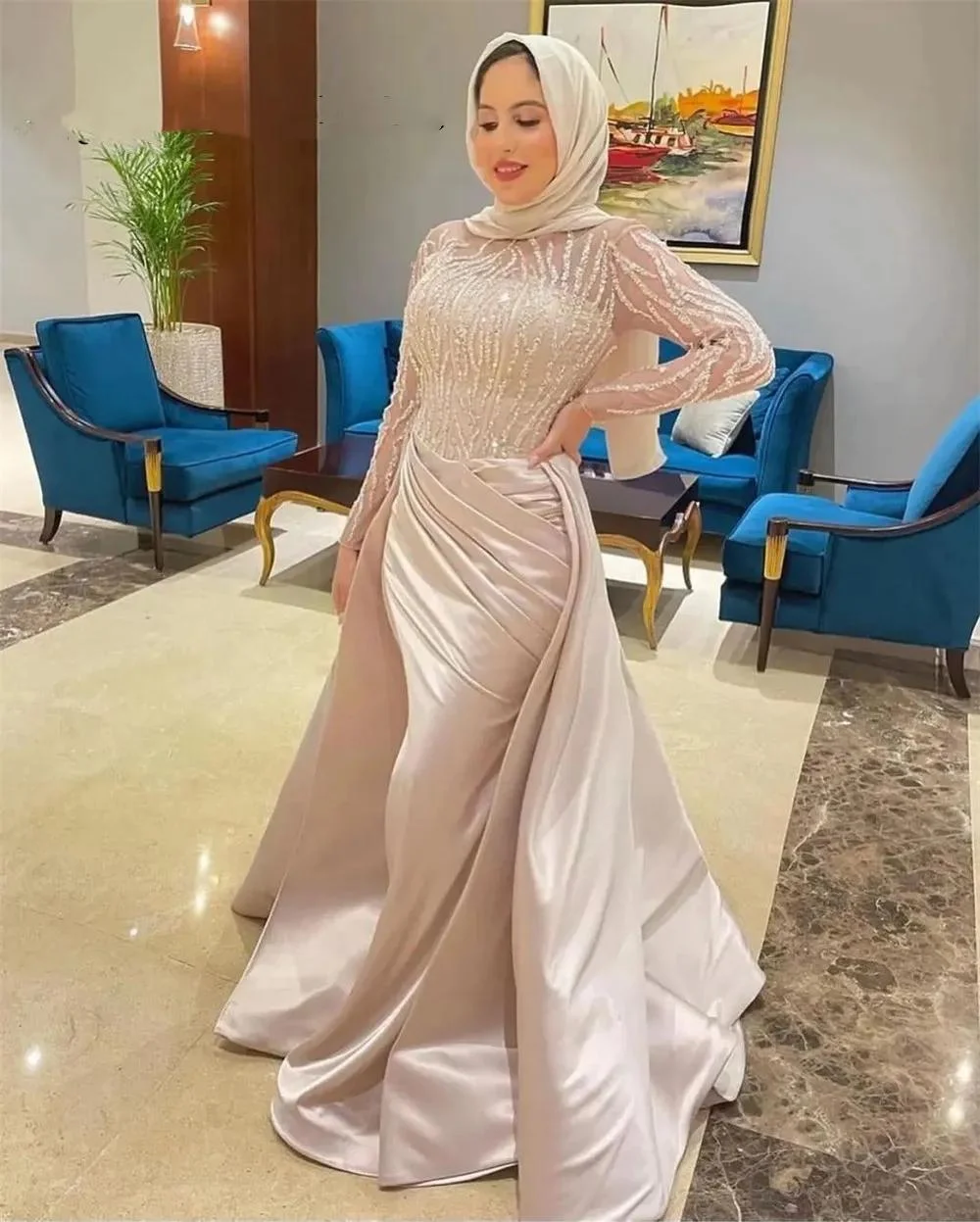 Muslim Women Evening Dress Beaded Sequins Tulle Long Sleeve Satin Mermaid Gown Pleated Waist Dubai Abaya Wedding Party Prom Form