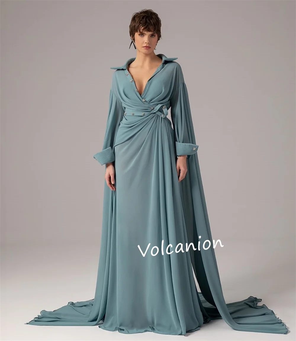Customized Chiffon Button Pleat A-line V-neck Long Dresses Bespoke Occasion Evening Unisex Exquisite Modern Style