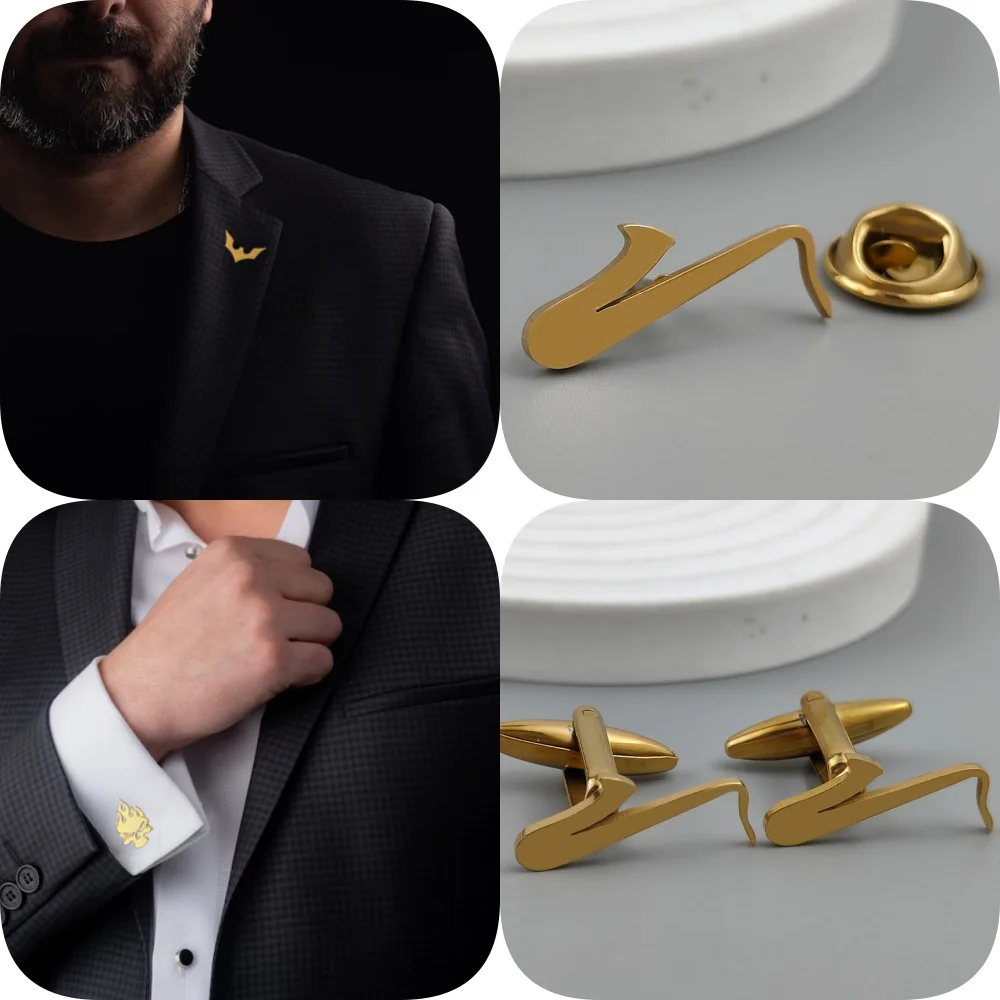 Symbole de musique de mode saxophone broche en acier inoxydable plaqué or, épingle à revers de costume pour hommes, boutons de chemise, boutons de manchette et ensemble de badges