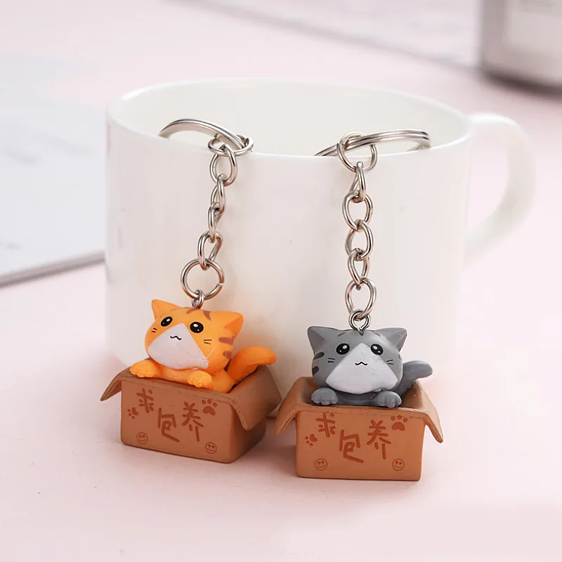 Creative Cat Box Keychain for Couple Cute Cartoon Kitten Animal Key Ring Funny Design Bag Pendant Kids Girls Birthday Gift