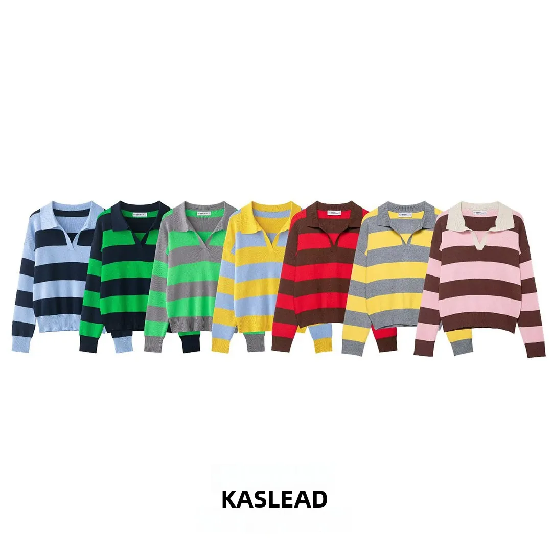 

KASLEAD New Women's Faionable Striped Ne Knitted Sweater Polyester Fiber Long Sve Regular Length Winter Season