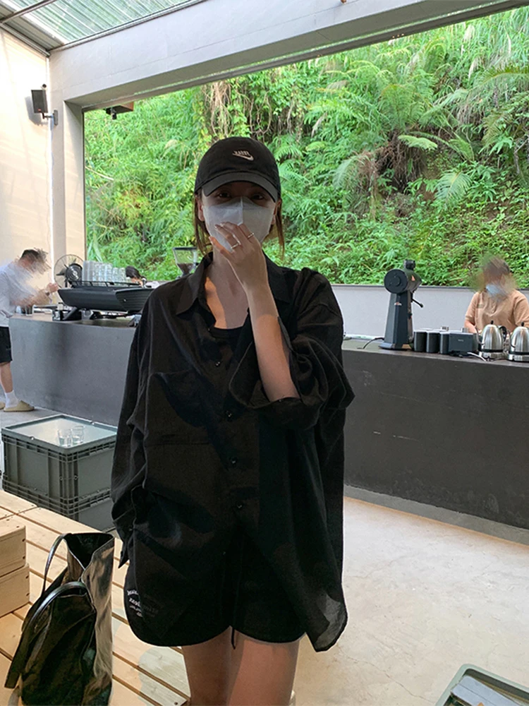 Black Summer Thin Ice Silk Shirts Women's Sun Protection Clothing Transparent Chiffon Top Spring Autumn Season Outerwear