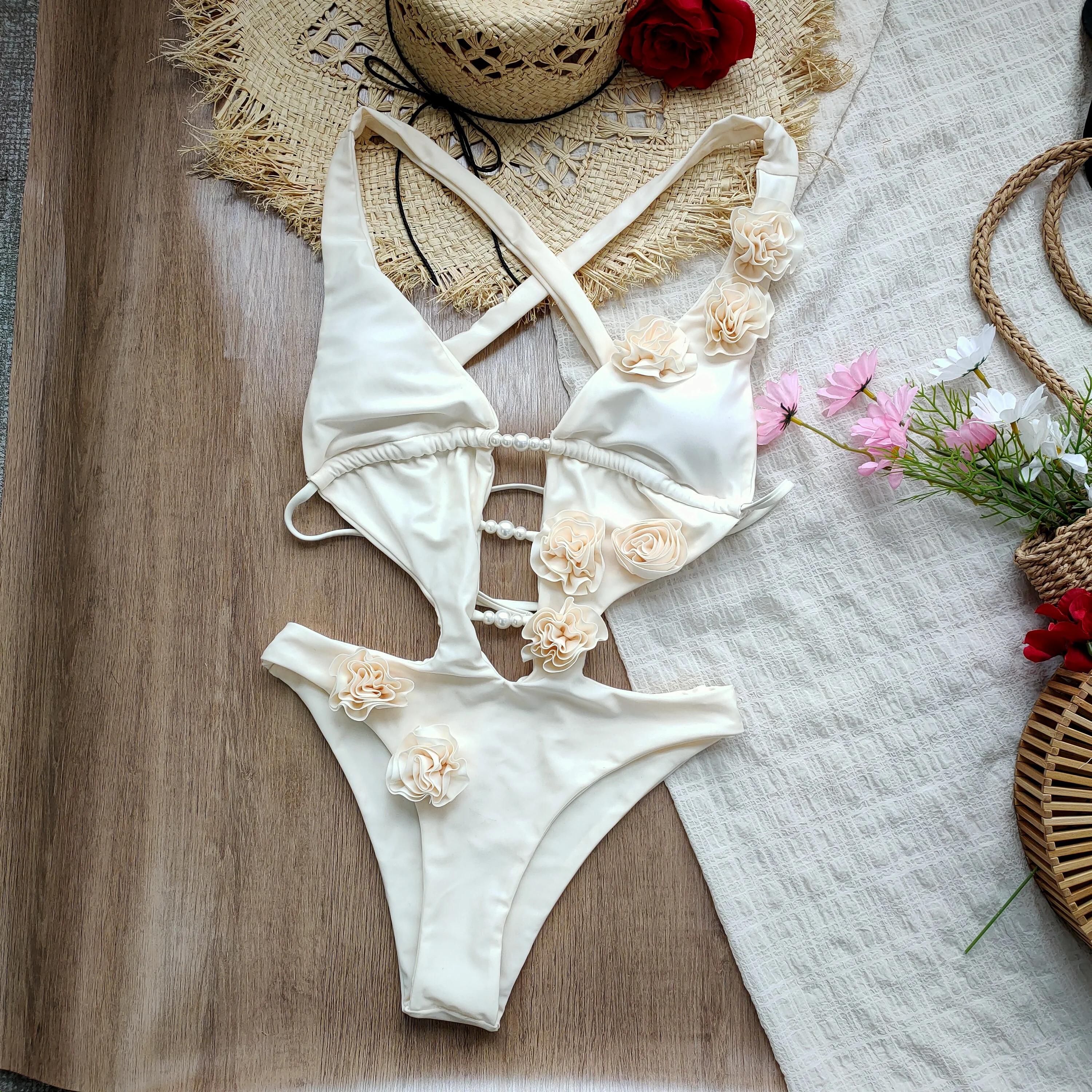 Nuevo Traje de Baño Entero 3D con Flores para Mujer 2026, Sexy, Hueco, Sólido, Ropa de Playa Tropical de Verano, Bodysuit