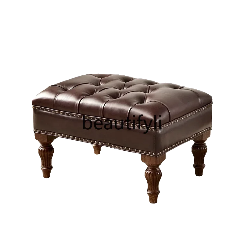 American country sofa pedal oak all solid wood real first layer cowhide European style bedside cloakroom shoe changing stool