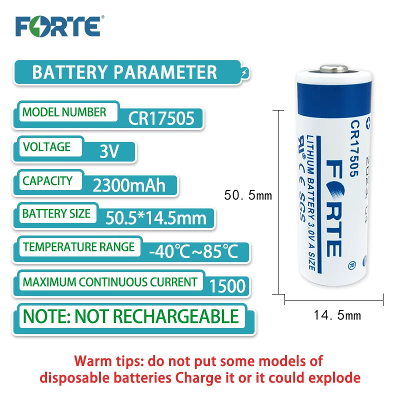 FORTE CR17505 3.0V lithium battery 2300mAh for servo intelligent smoke alarm water meter flow meter gas meter
