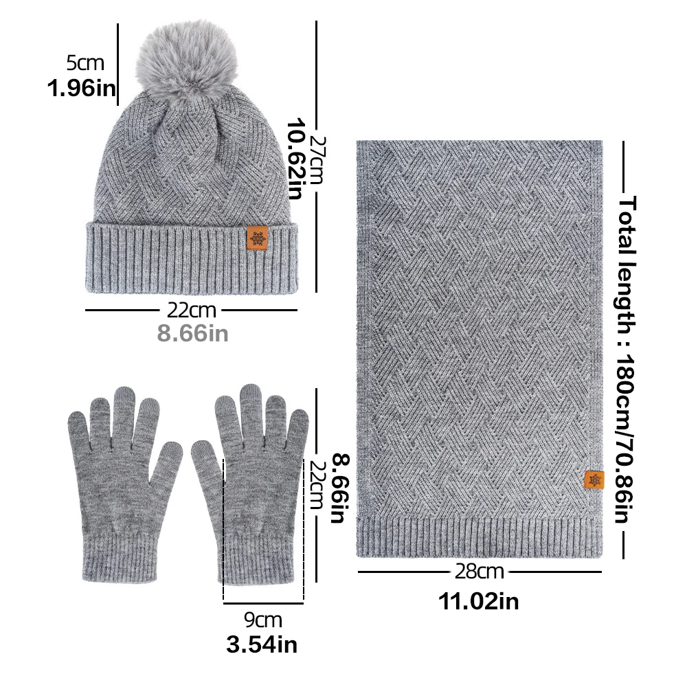 Conjunto de tres piezas de ropa de otoño e invierno: gorro, guantes y bufanda de punto de lana con forro polar de doble capa