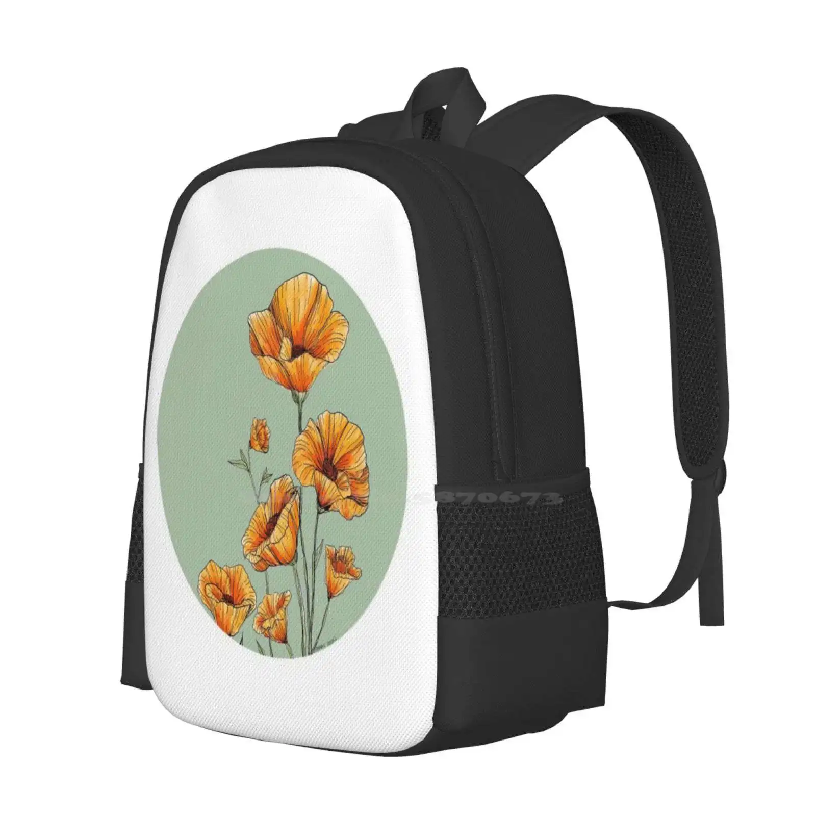 California Poppies Backpack For Student School Laptop Travel Bag Flowers Blooms Blossom Summer Spring Girly Orange Procreate