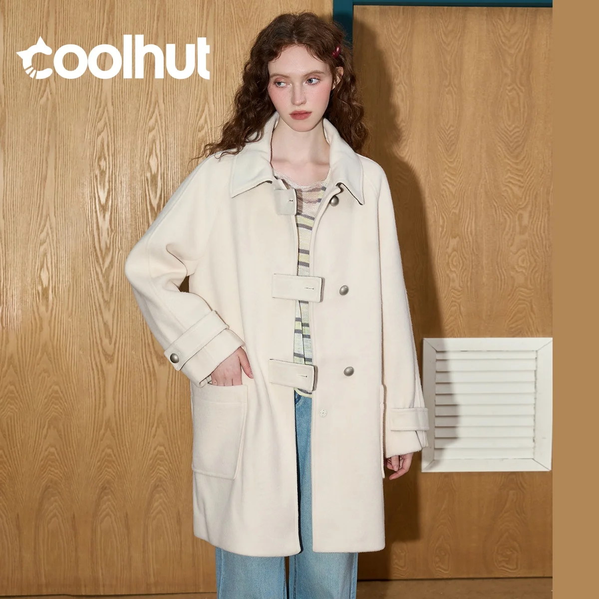 

COOLHUT Vintage Wool Blend Chesterfield Coat Autumn Oversized Lapel Woolen Overcoat Heritage Tweed Outerwear Refined Relaxed