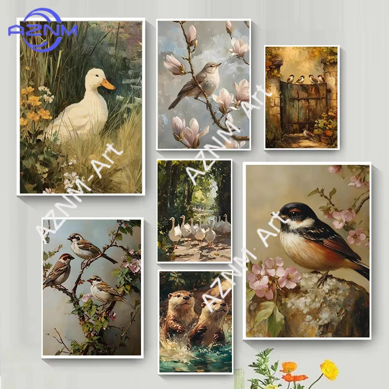 

1PC Autumn Natural Countryside Farmhouse Forest Sparrow Goose Water Tower Animal Art Poster Canvas Printing Home Wall Decoration