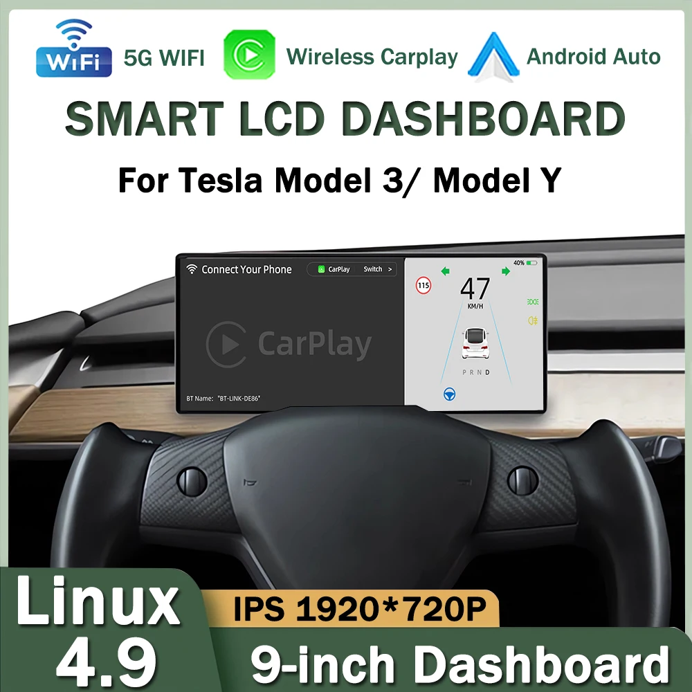 9 inch touch screen Linux for Tesla Model 3 Y HUD Heads Up Display Digital Dashboard Center Console Carplay Android Auto WiFi