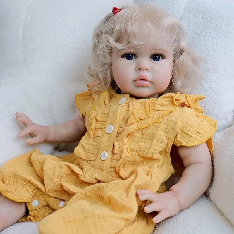60cm  Soft Cloth Body Reborn Doll Ellie Hand Rooted Blonde Curly Hair Lifelike Newborn Toy Gift