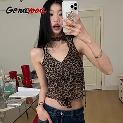 Genayooa canotte Sexy con stampa leopardata canotte da donna senza maniche Y2k top in Chiffon con cavezza top corto senza punti Streetwear Party Wear Summer