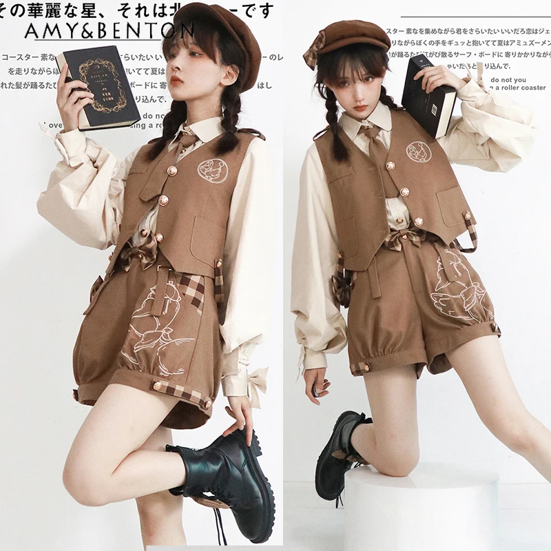 

Daily Kawaii Lolita Suit Summer Preppy Style Retro Print Slim Vest Long Sleeve Shirt Wide Leg Shorts Cute Three-piece Sets Women