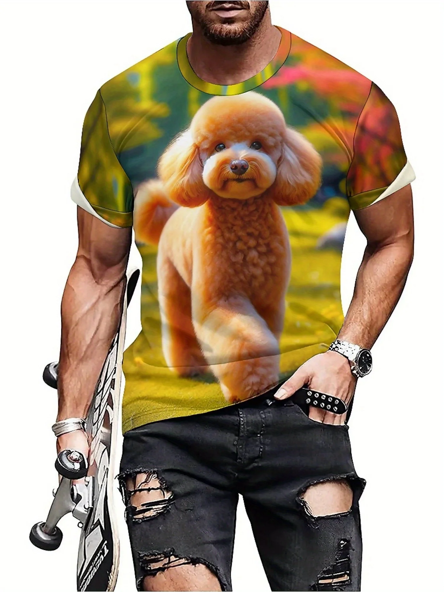 Camiseta masculina e feminina com estampa 3D tie-dye primavera/verão – tecido de poliéster macio, gráfico de poodle fofo