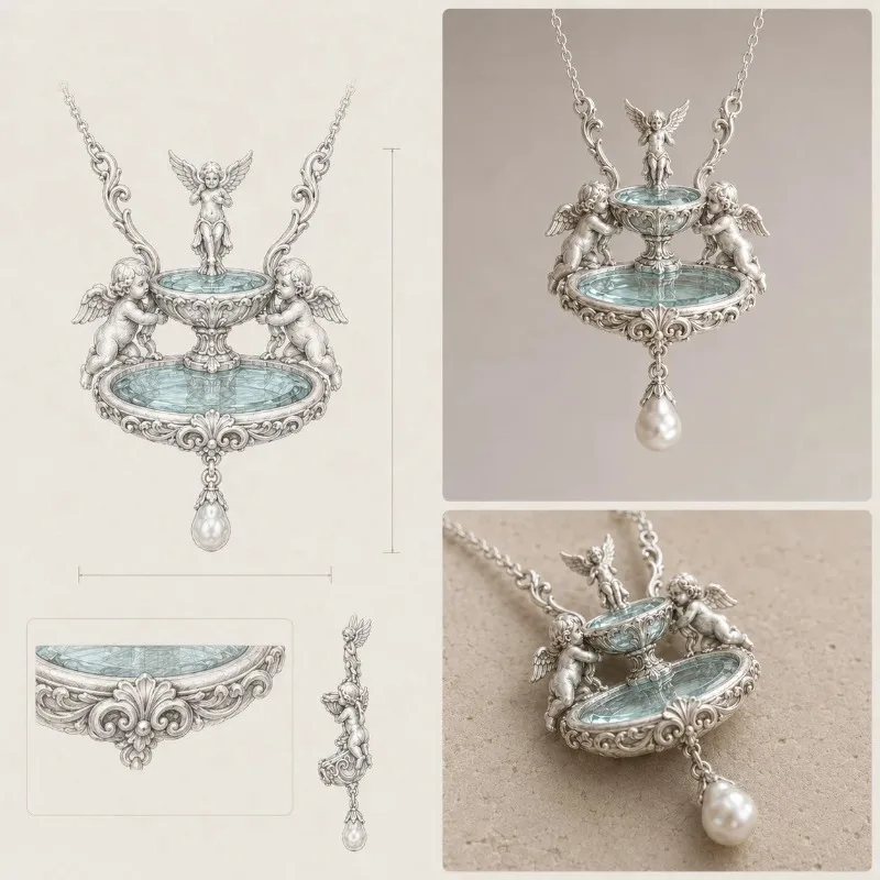 French‑Style Vintage Wishing‑Fountain Angel‑Embossed Pendant Necklace Artificial‑Pearl Retro Clavicle Chain Neck Jewelry Women