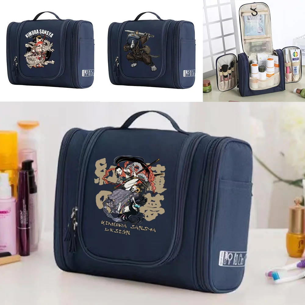 Travel Toiletry Kits Women Hanging Cosmetic Bag Samurai Print Cosmetic Bags Portable Hook Men Business Wash Storage Makeup Bags