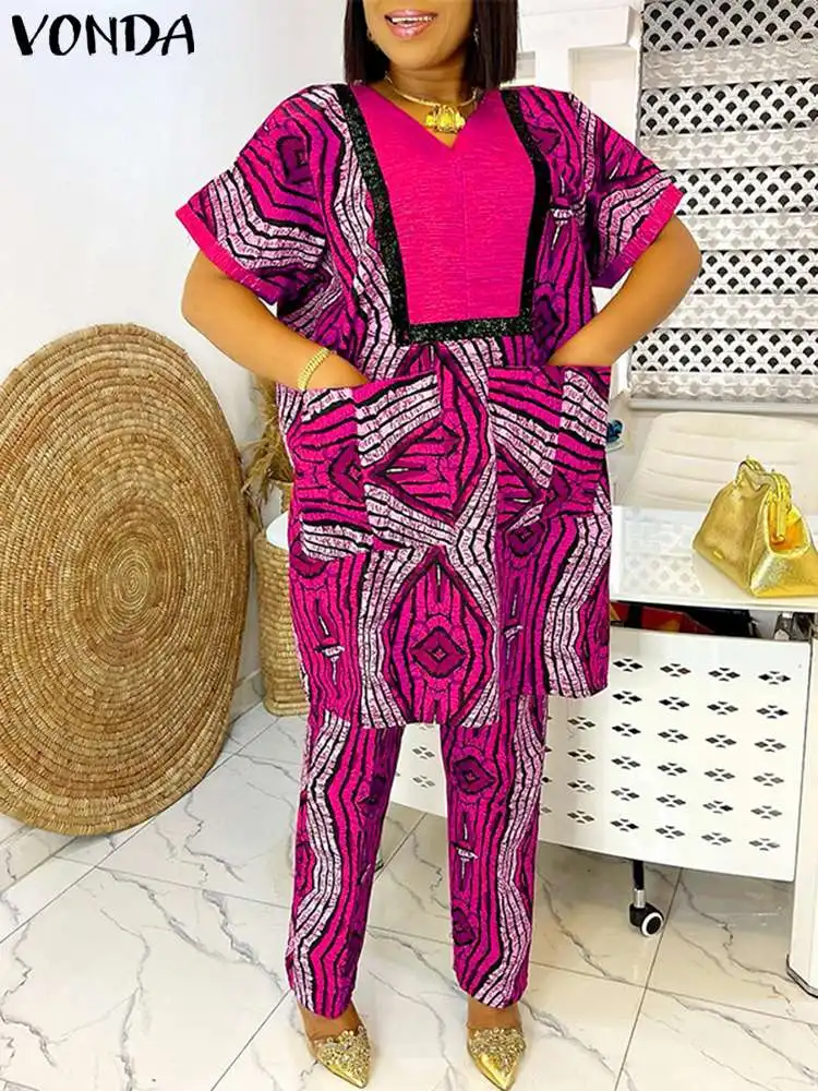 

Plus Size 2024 VONDA Women Bohemian Pant Sets Summer Printed V-Neck Short Sleeve Loose Sets Pockets Vintage Suits Oversized 5XL