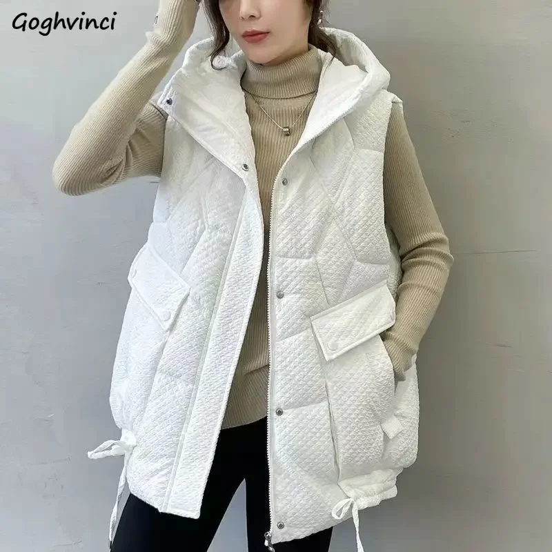 

Hooded Vests Women Thicken Solid Sleeveless Coats Winter Warm Simple Casual Outwear Zipper Design Windbreak Stylish Personality
