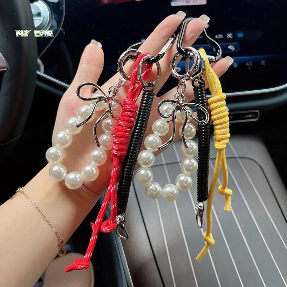 

Bowknot Imitate Pearl Keychain Colorful Delicate Beaded Key Chain Alloy Woven Ropes Bag Decoration Pendant Hanging Ornaments