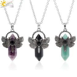 CSJA Cute Animal Dragonfly Necklace Natural Stone Hexagon Pendant Healing Fluorite Labradorite Rose Pink Crystal Jewelry H479