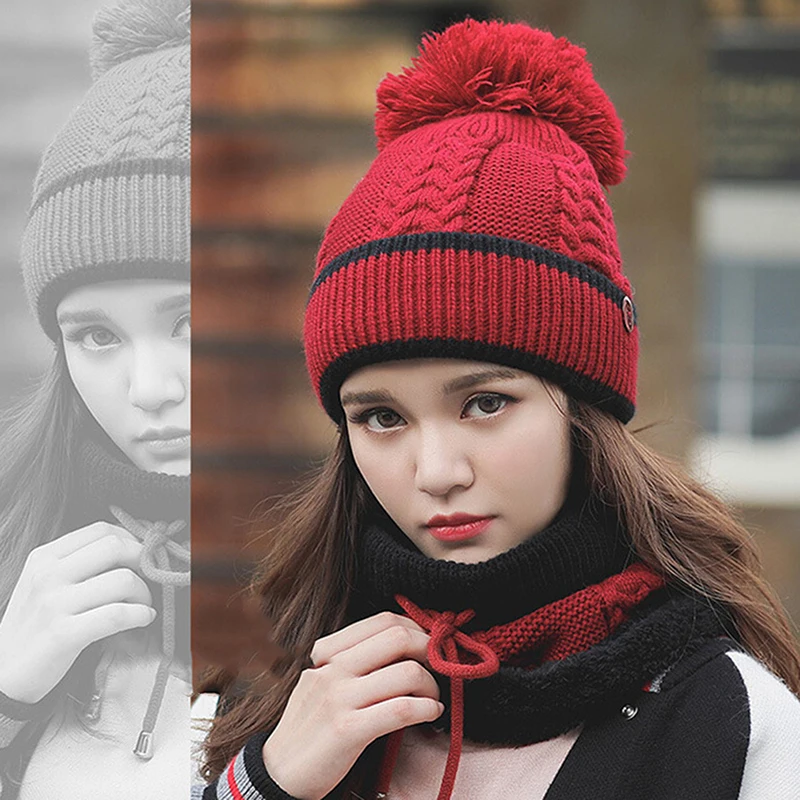 New Fashion Autumn Winter Women\'s Hat Caps Knitted Warm Scarf Windproof Multi Functional Hat Scarf Set clothing accessories suit