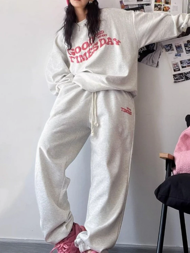 Two Pieces Set Casual Sports Grunge Hip Hop O Neck Sweatshirts + Fashion Y2k Letter Embroidery Streetwear Women Loose Sweatpants