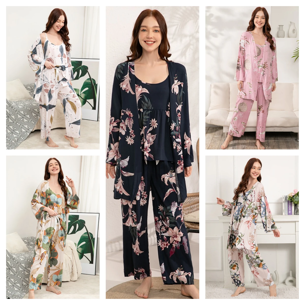 Plus Size S-XXXL 100% Viscose Ladies Spring Autumn Pajamas Set Comfortable Soft Home Suit Robes with Pants Pyjamas Sleepwear