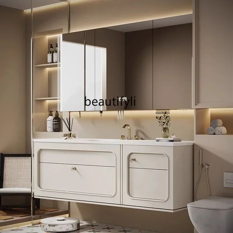 

Y13 Rock slab hot bending integrated basin French cream wind bathroom cabinet combination wash face basin cabinet