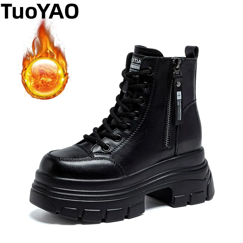 

Women’s Platform Ankle Boots 9cm Chunky Heel Hidden Wedge Short Motorcycle Riding Style Buckle Boots for Fall Winter