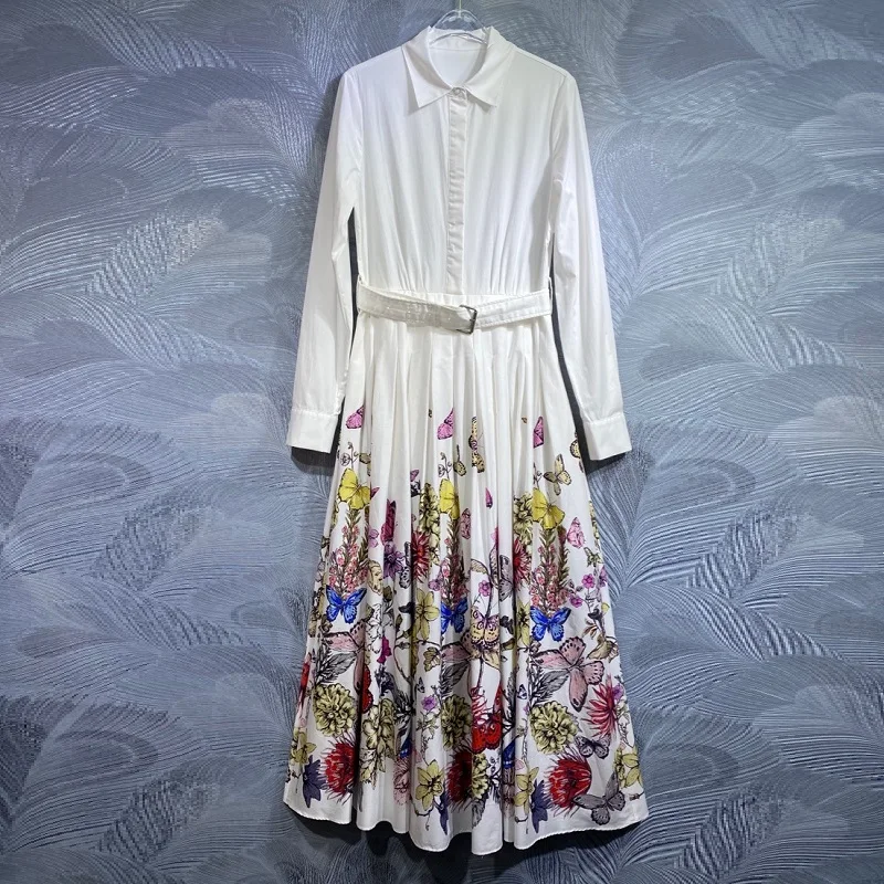 

100%Cotton Long Dress 2024 Spring Designer Fashion Dress Women Turn-down Collar Colorful Butterfly Prints Long Sleeve Dress Maxi