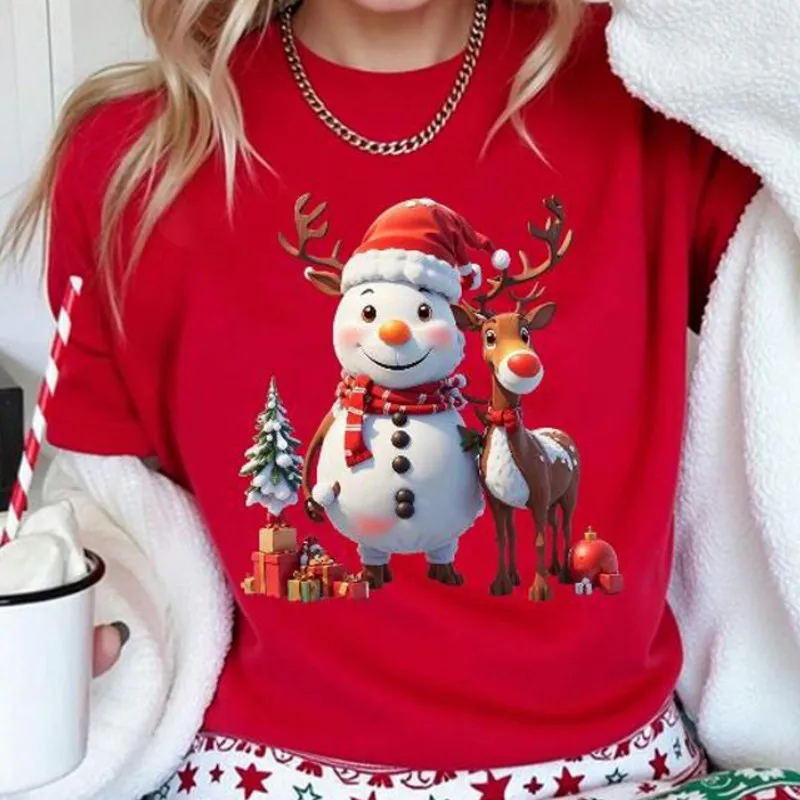 Christmas Women Casual T Shirt Cartoon Snowman Reindeer Christmas Tree Print Female Short Sleeve T-Shirt Suitable for All Season