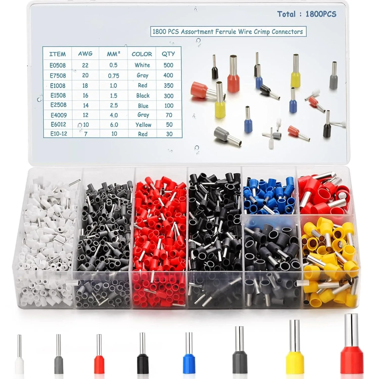 1800pcs Insulated Ferrules Terminal Block Cord End Wire Connector Electrical Crimp Terminator Cold Pressed Terminal