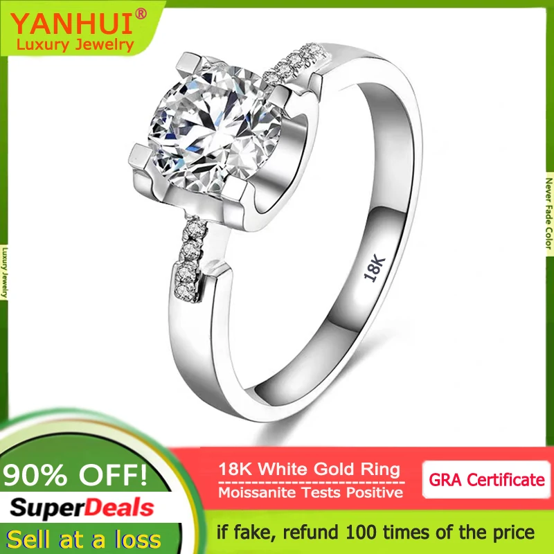 

YANHUI High Quality Real 18K White Gold Ring Round 0.5ct 1ct 2ct Diamond Moissanite Ring Anniversary Wedding Band Gift for Women