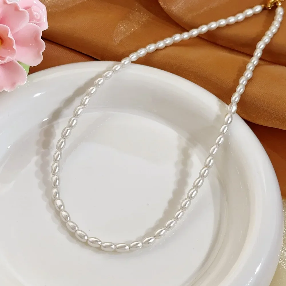 Cute Charm Stainless Steel Oval Pearl Beaded Pendant Necklace for Women Classic Fashion Bride Jewelry Accessories Gift No Fade