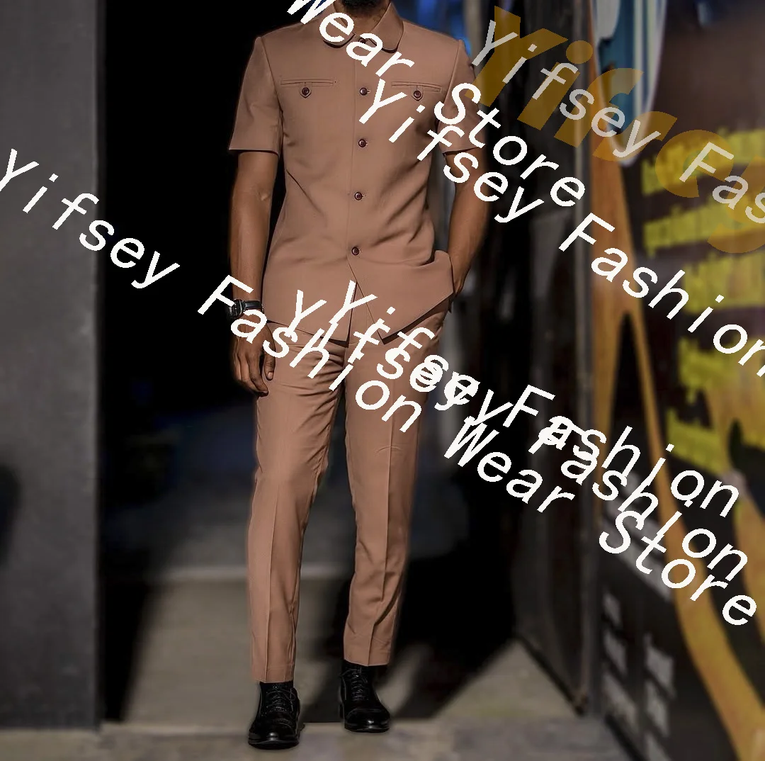 

Коричневый летний мужской костюм: пиджак с маленьким лацканом, брюки, свадебный наряд, формальная одежда, новейшая модель, пошив на заказ, для торжественных мероприятий