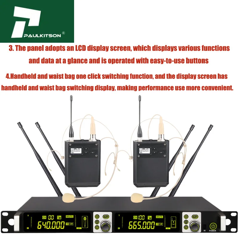 Paulkitson Professional Wireless microphone RU700 Radio System 2-Channel Microfone Headset Mic Lavalier Microfono For Stage