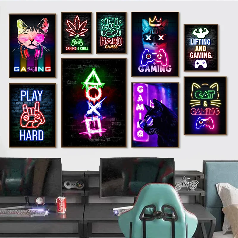 Cool Cat and Gaming Controller Quotes Poster Prints Modern Canvas Painting for Wall Art Mural Gamer Boys Room Decor (Not Led)