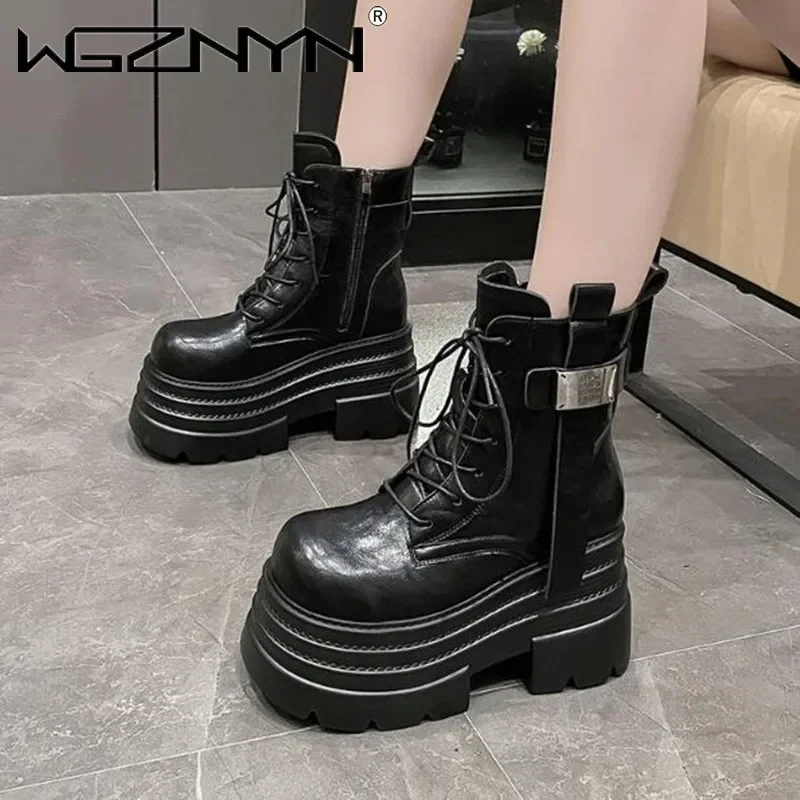 New Women Goth High Platform Ankle Boots Winter Warm Fur Chunky Snow Shoes Lace-up Sneakers Woman Leather Motorcycle Botas Mujer