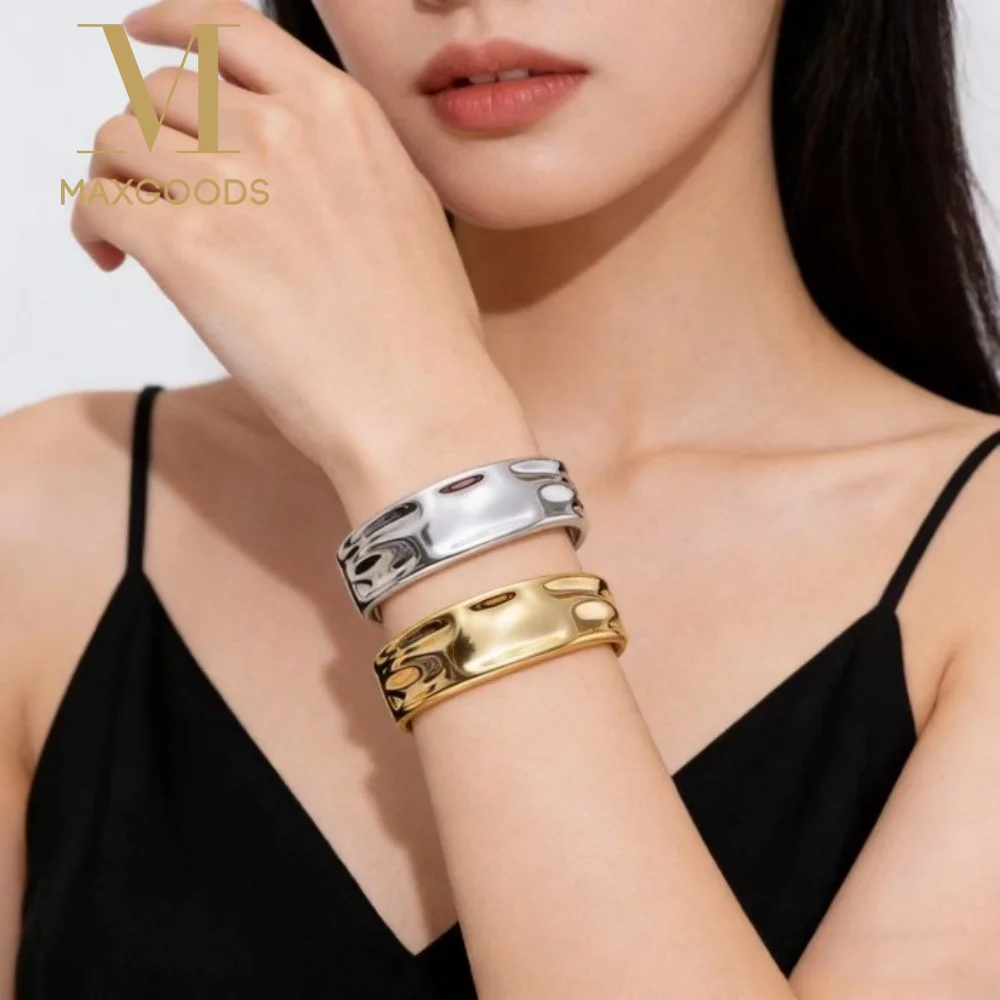 New Irregular Open Cuff Bracelets Punk Smooth Geometric Bangles Gold Silver Color Wrinkle Metal Bracelets Jewelry