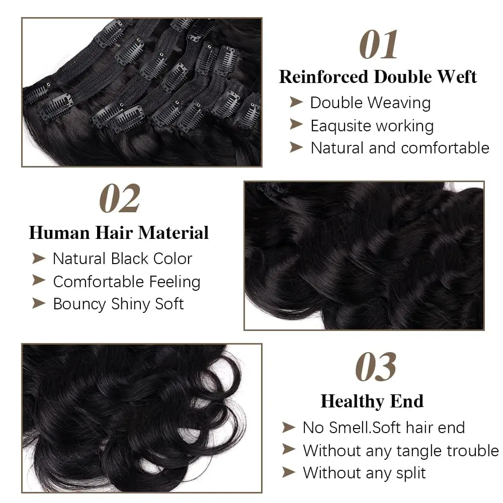 Extensions de Cheveux Humains Ondulés à réinitialisation, 8 Pièces, avec Double Trame, 120g, pour Femme Noire