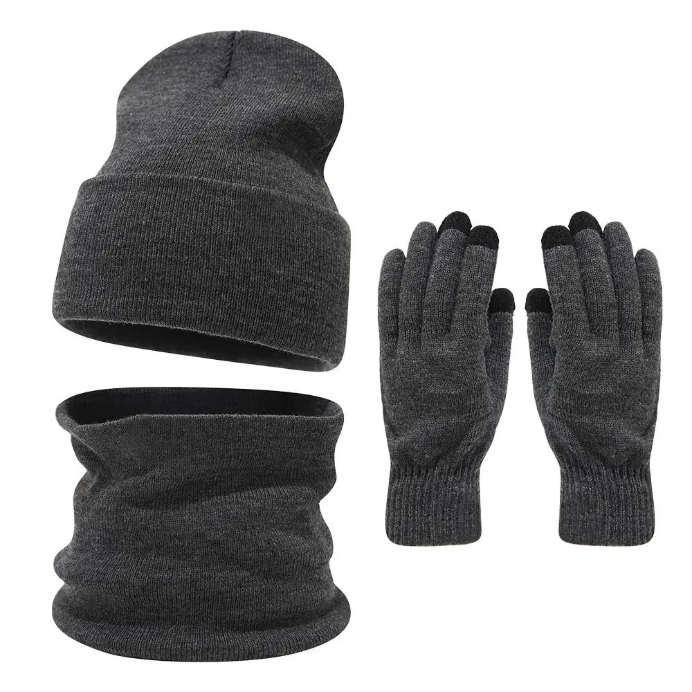 3Pcs/Set Warm Winter Hat Scarf Gloves Set Thicken Windproof Knit Beanie Snood Set Elastic Soft Scarf Neck Warmer for Men Women