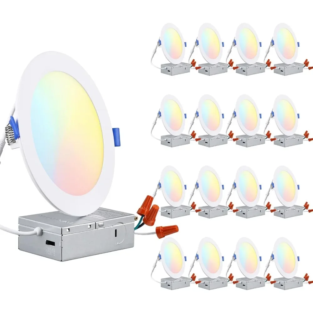 

Ultra-Thin LED Recessed Lighting with Junction Box, Dimmable Slim LED Downlight, 6 Inch, 5CCT, 2700K-5000K, 12W, 16 Pack