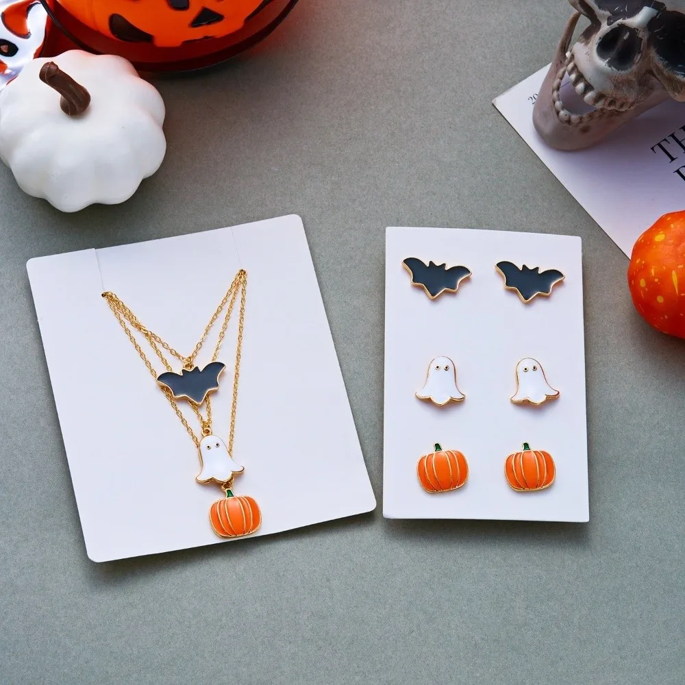 Enamel Halloween Necklace Set Chain Metal Pumpkin Pendant Ring Collarbone Chain Finger Ring Ghost Pendant Jewelry Trick or Treat