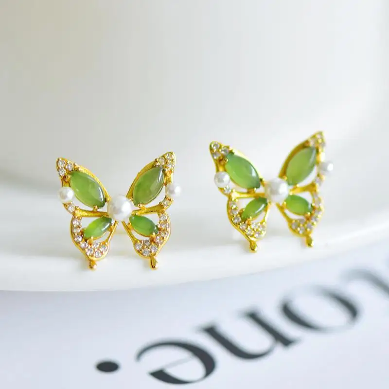 Genuine China Nephrite Stone Green Hetian Jade Freshwater Pearl Zircon 925 Silver Butterfly StudEarrings Women Certified Jewelry