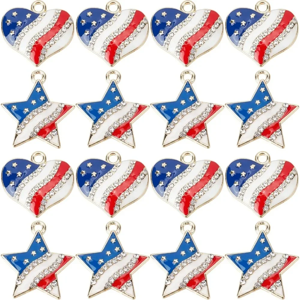 1 Box 20Pcs America Flag Charms USA Charms Patriotic Independence Day Charm 4th of July Rhinestone Love Heart Star Charms